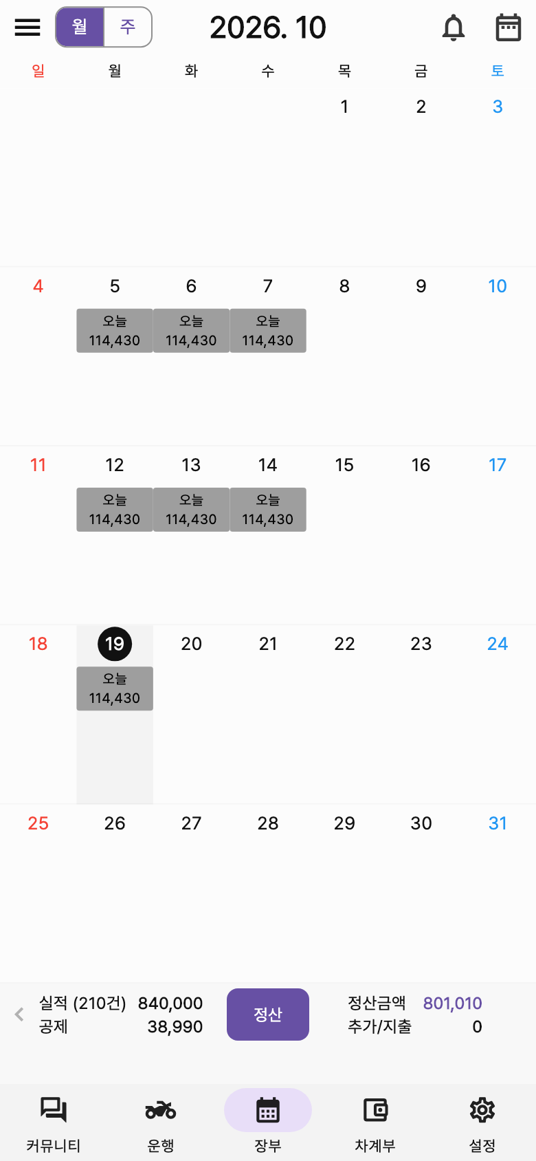 배달장부 장부 예시 화면. 날짜별 배달 실적과 정산 금액을 확인해요. 이름과 금액은 예시예요.