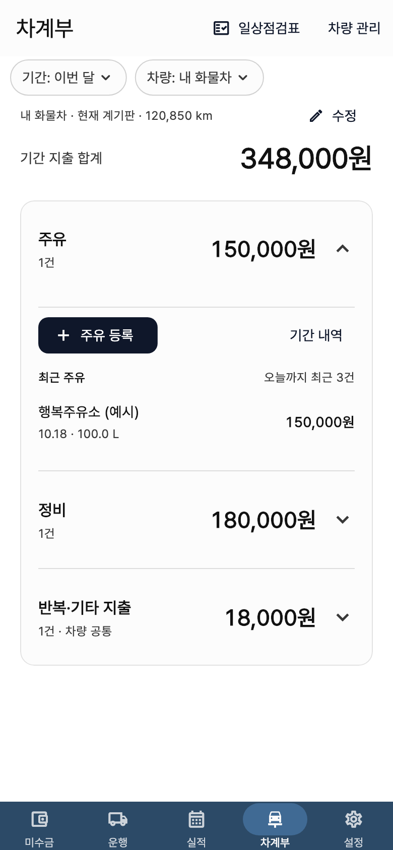 화물노트 차계부 예시 화면. 「주유」를 누르면 「주유 등록」과 최근 기록이 펼쳐져요.